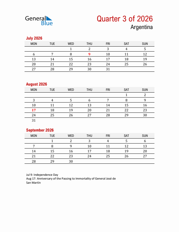 Printable Three Month Calendar with Argentina Holidays