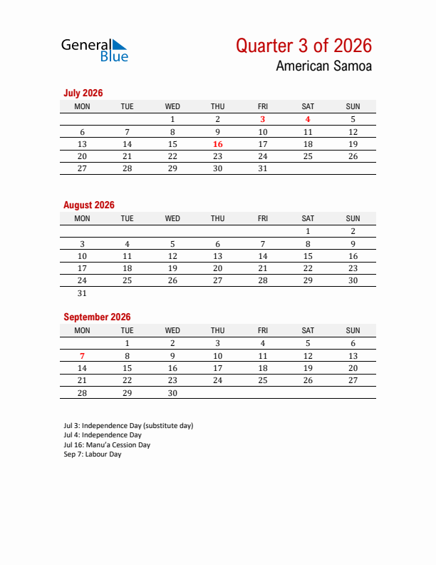 Printable Three Month Calendar with American Samoa Holidays