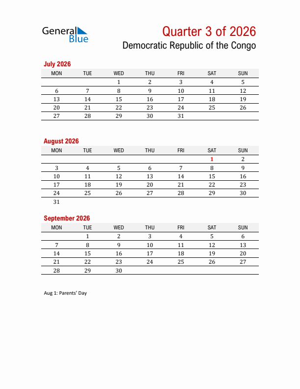 Printable Three Month Calendar with Democratic Republic of the Congo Holidays