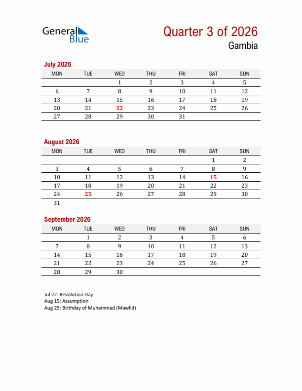 Printable Three Month Calendar with Gambia Holidays