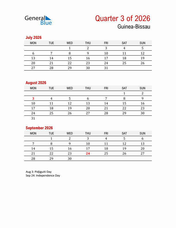 Printable Three Month Calendar with Guinea-Bissau Holidays