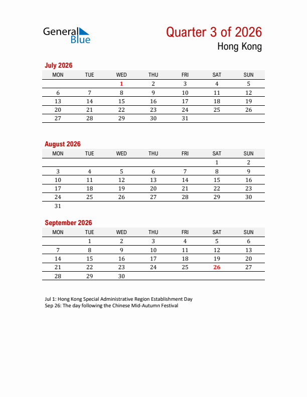 Printable Three Month Calendar with Hong Kong Holidays