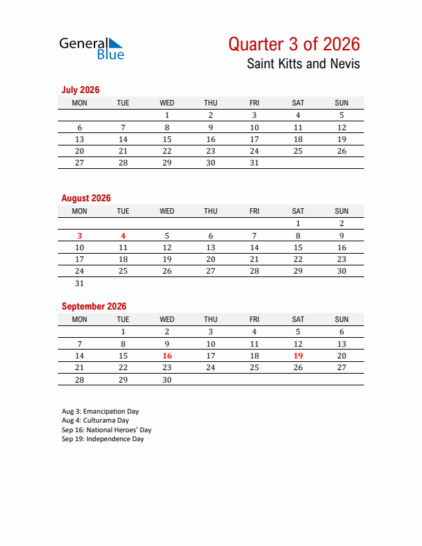 Printable Three Month Calendar with Saint Kitts and Nevis Holidays