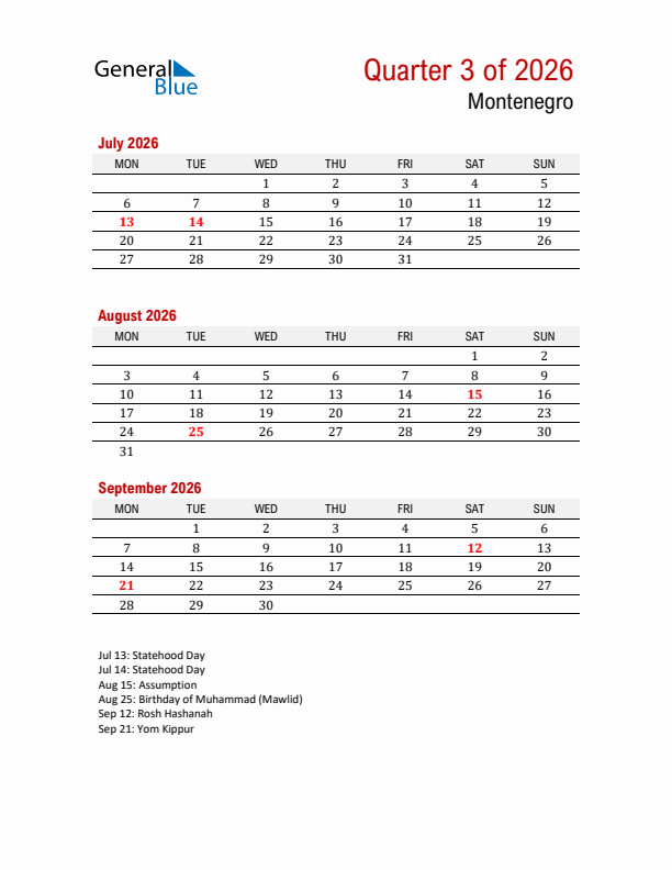 Printable Three Month Calendar with Montenegro Holidays