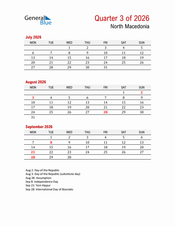 Printable Three Month Calendar with North Macedonia Holidays