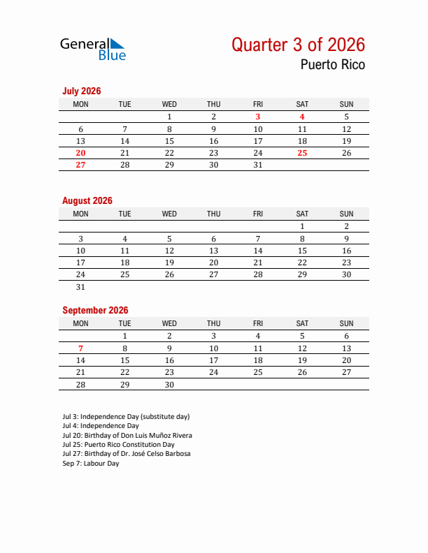 Printable Three Month Calendar with Puerto Rico Holidays