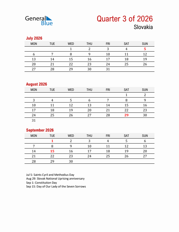 Printable Three Month Calendar with Slovakia Holidays