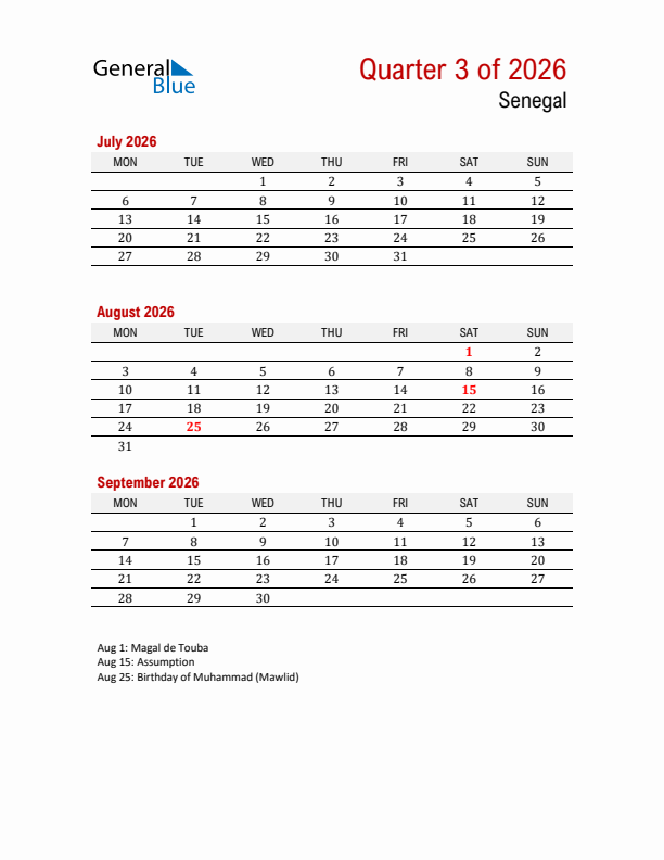 Printable Three Month Calendar with Senegal Holidays