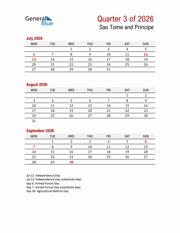 Printable Three Month Calendar with Sao Tome and Principe Holidays