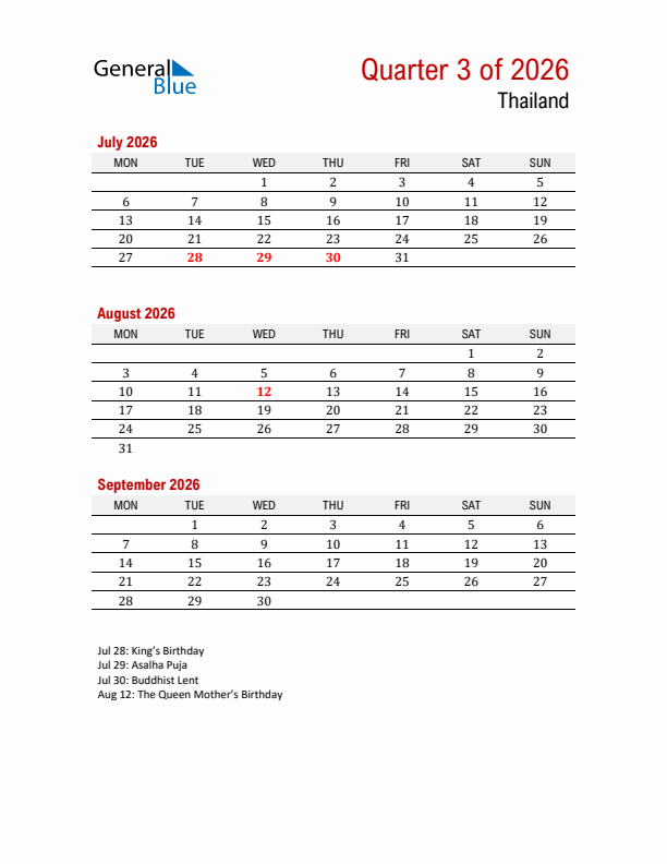 Printable Three Month Calendar with Thailand Holidays