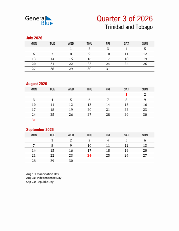 Printable Three Month Calendar with Trinidad and Tobago Holidays