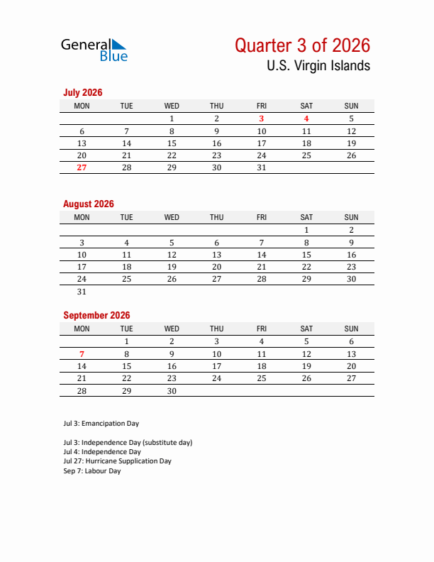 Printable Three Month Calendar with U.S. Virgin Islands Holidays