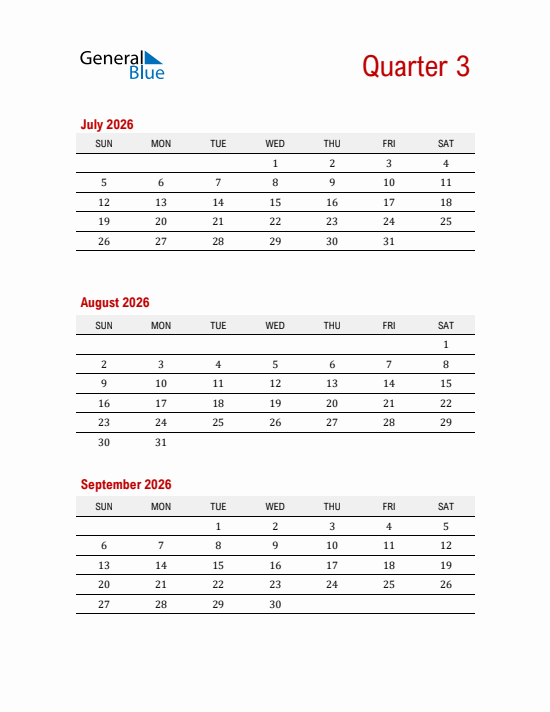 Quarter 3 2026 calendar template