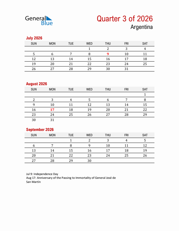 Printable Three Month Calendar with Argentina Holidays