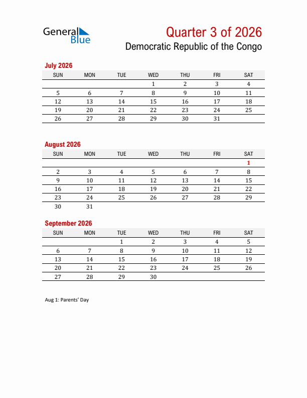 Printable Three Month Calendar with Democratic Republic of the Congo Holidays