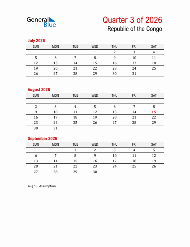 Printable Three Month Calendar with Republic of the Congo Holidays
