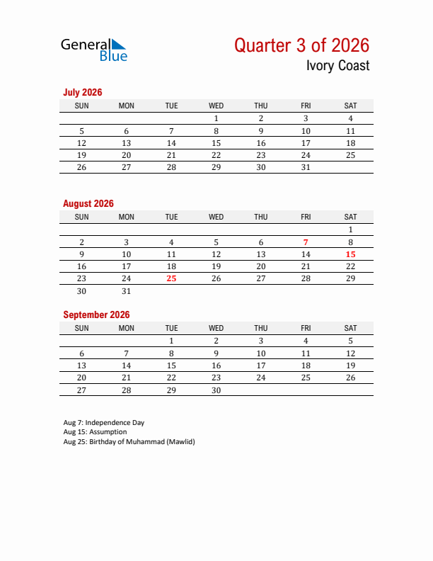 Printable Three Month Calendar with Ivory Coast Holidays