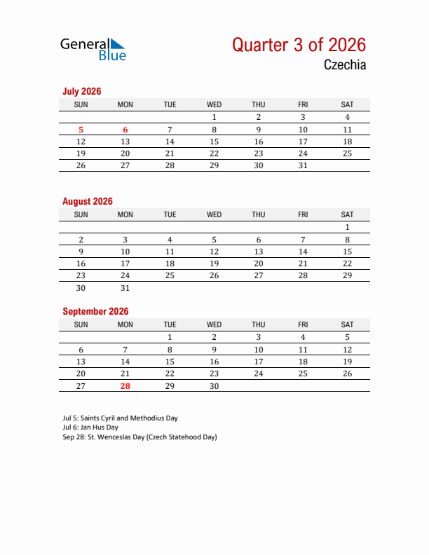 Printable Three Month Calendar with Czechia Holidays