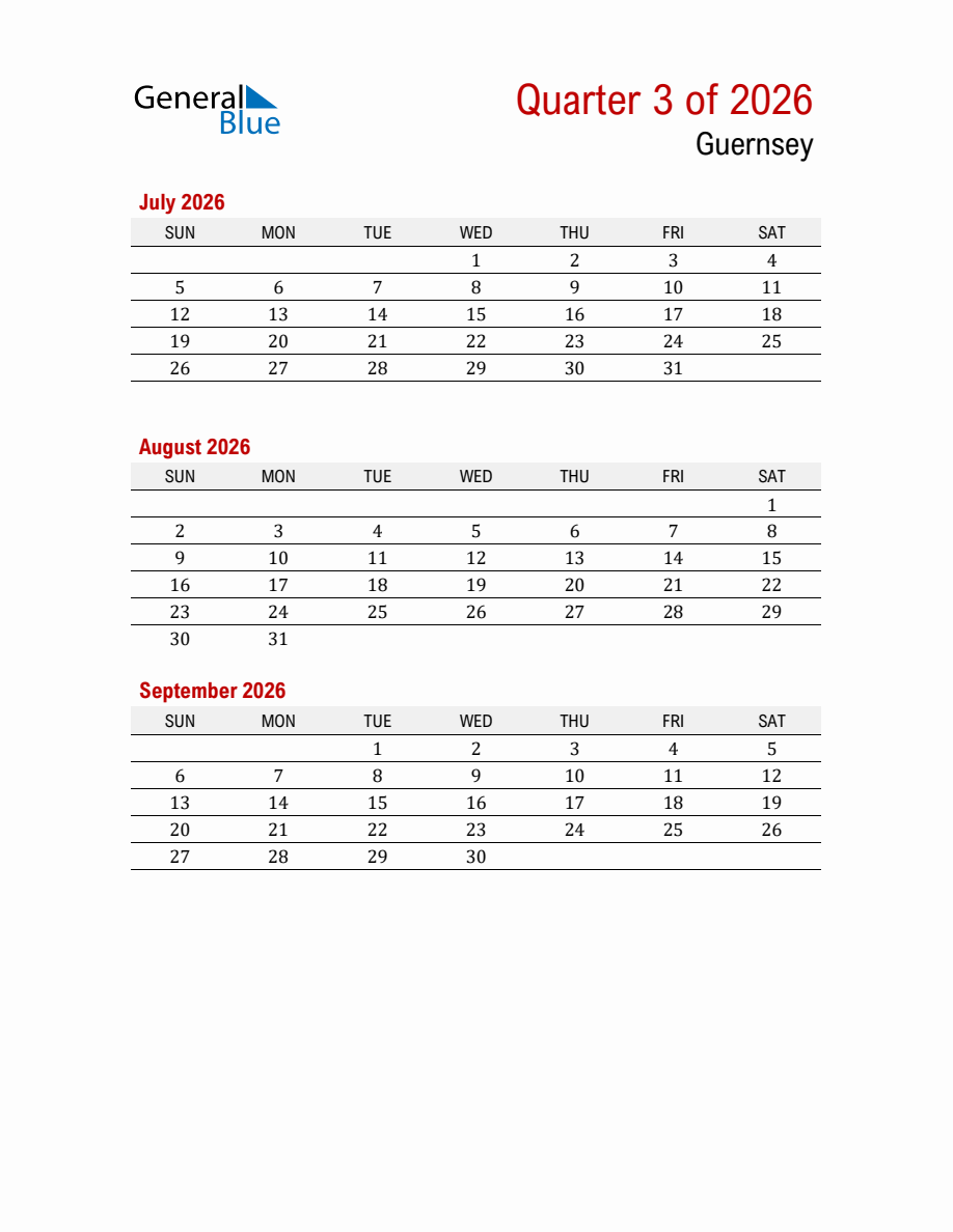 Printable Three Month Calendar with Guernsey Holidays (Q3 2026)