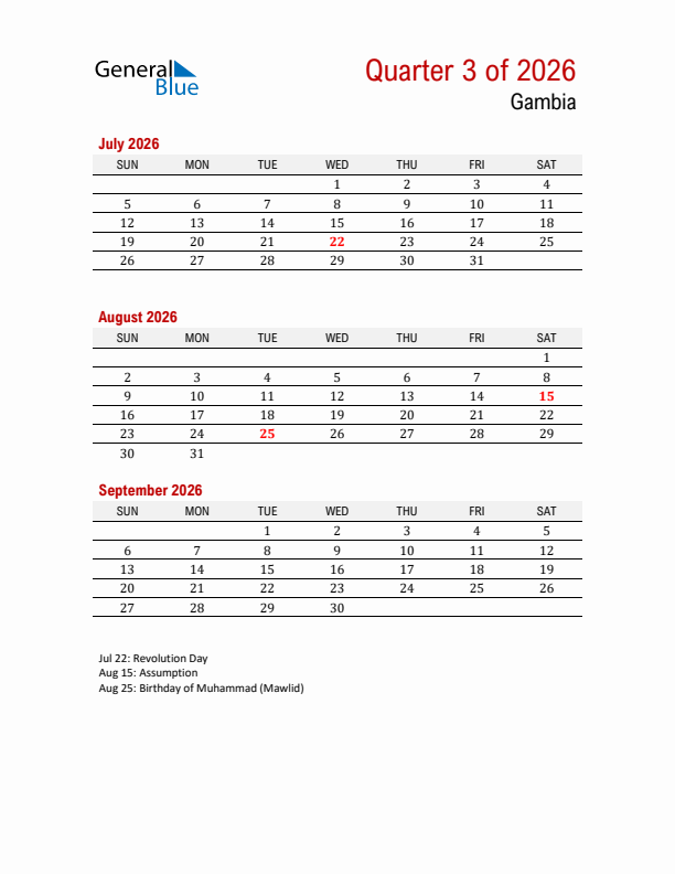 Printable Three Month Calendar with Gambia Holidays