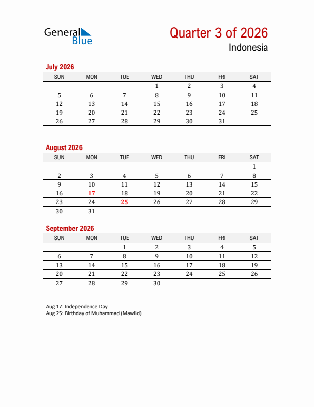 Printable Three Month Calendar with Indonesia Holidays