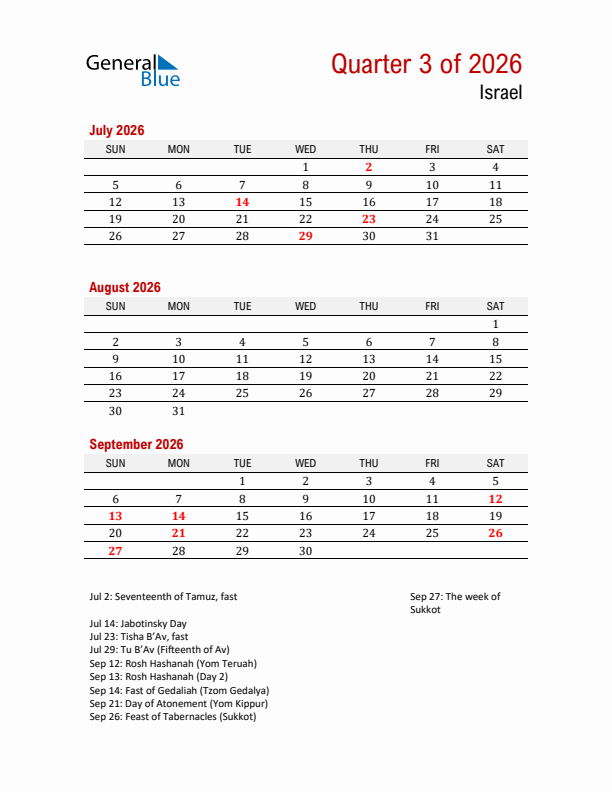 Printable Three Month Calendar with Israel Holidays