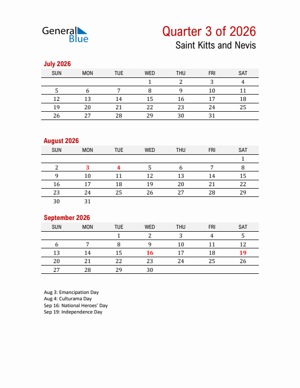 Printable Three Month Calendar with Saint Kitts and Nevis Holidays