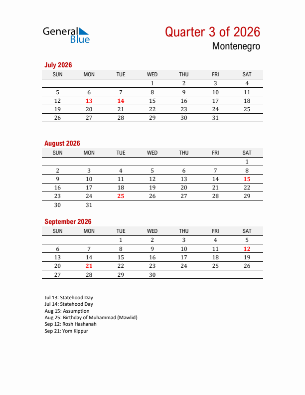 Printable Three Month Calendar with Montenegro Holidays
