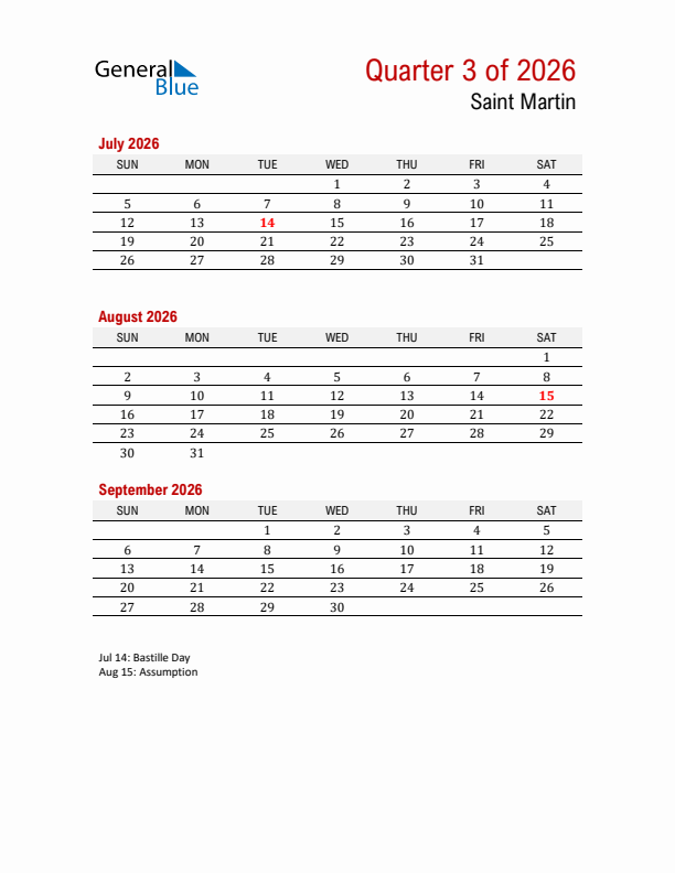 Printable Three Month Calendar with Saint Martin Holidays