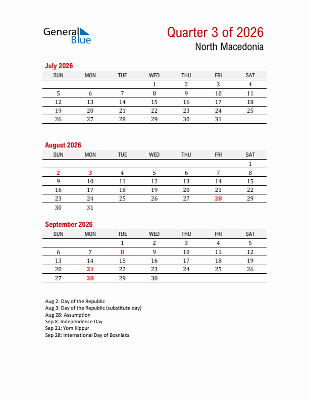 Printable Three Month Calendar with North Macedonia Holidays