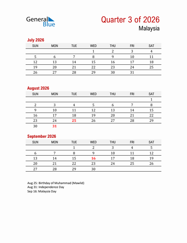 Printable Three Month Calendar with Malaysia Holidays