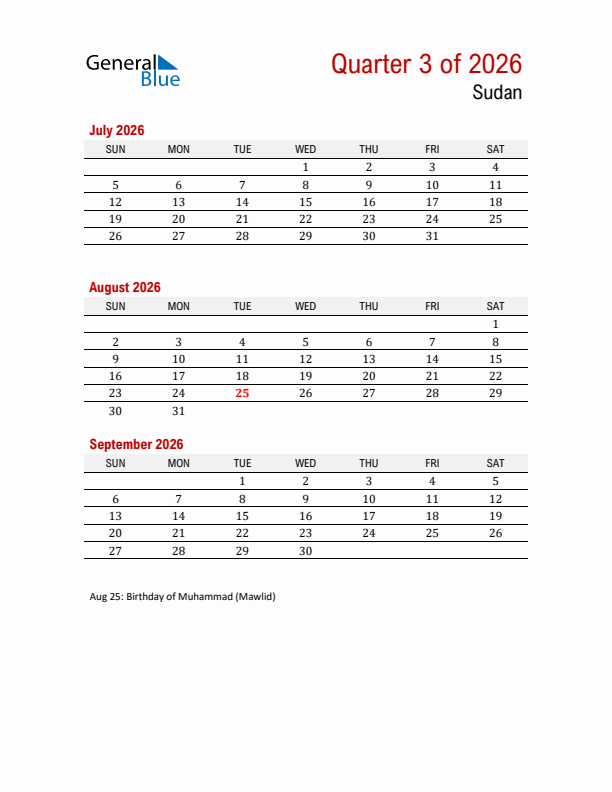 Printable Three Month Calendar with Sudan Holidays