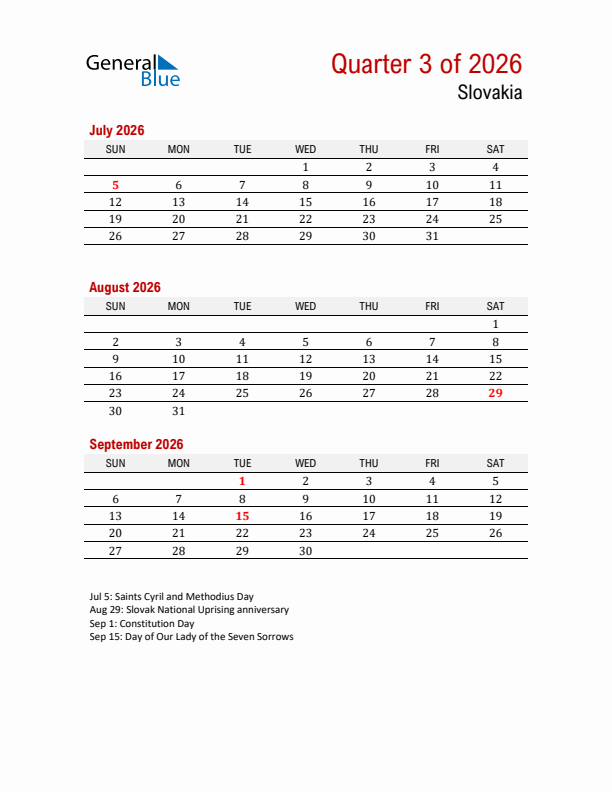 Printable Three Month Calendar with Slovakia Holidays
