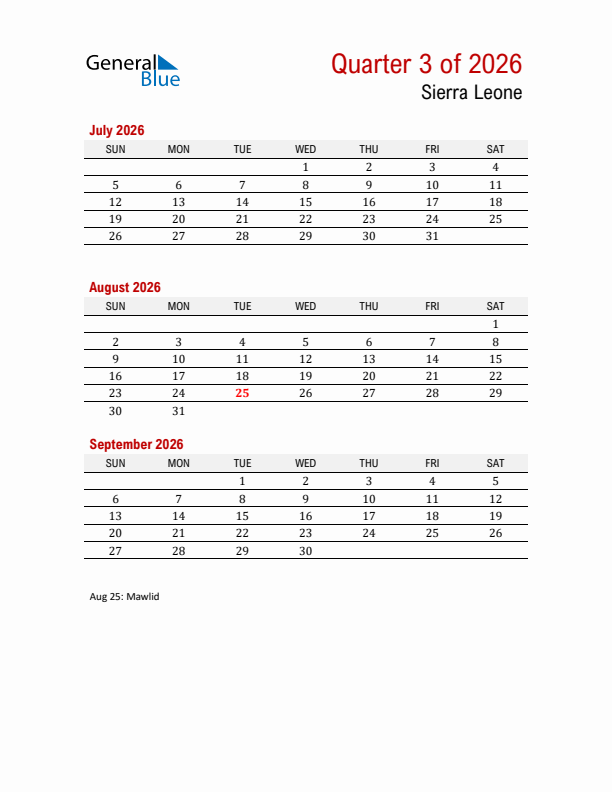 Printable Three Month Calendar with Sierra Leone Holidays