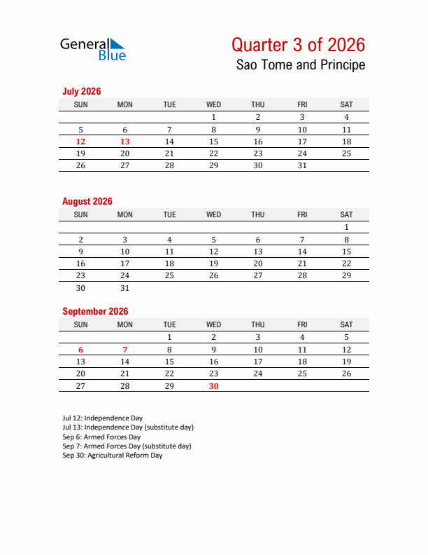 Printable Three Month Calendar with Sao Tome and Principe Holidays