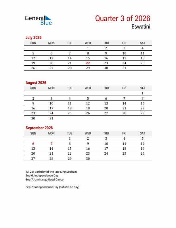 Printable Three Month Calendar with Eswatini Holidays