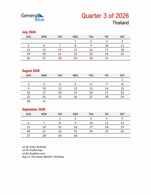 Printable Three Month Calendar with Thailand Holidays