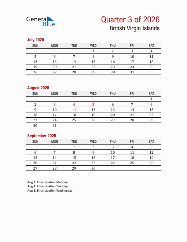 Printable Three Month Calendar with British Virgin Islands Holidays