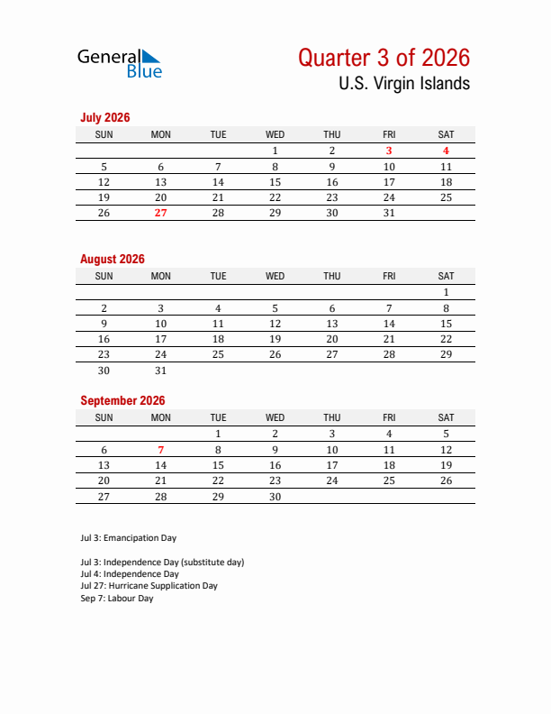 Printable Three Month Calendar with U.S. Virgin Islands Holidays
