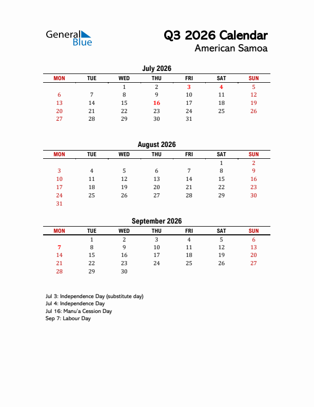 2026 Q3 Calendar with Holidays List for American Samoa