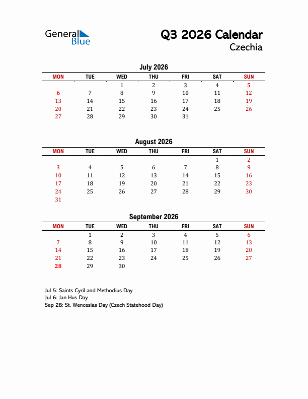 2026 Q3 Calendar with Holidays List for Czechia
