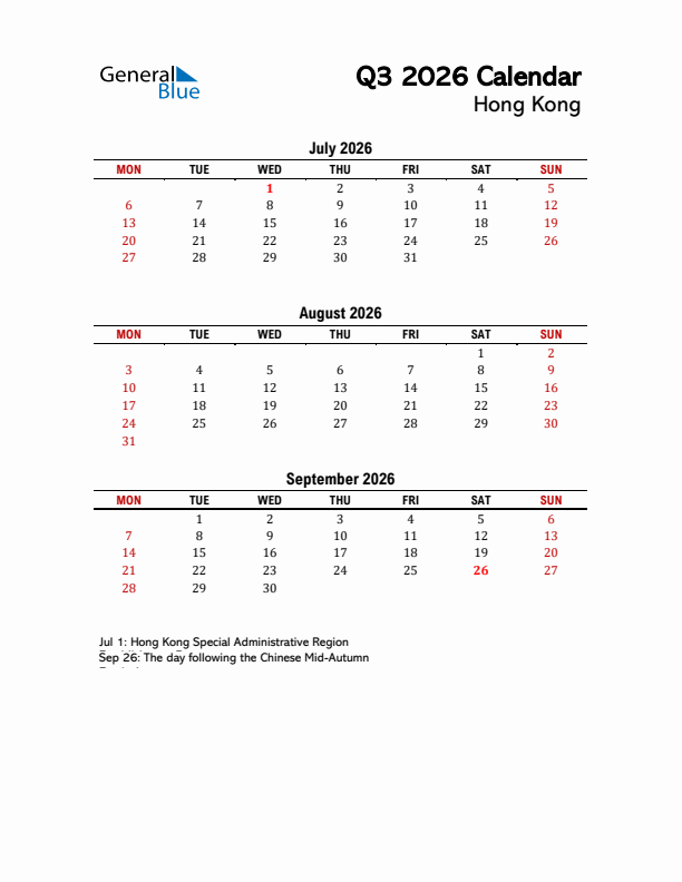 2026 Q3 Calendar with Holidays List for Hong Kong