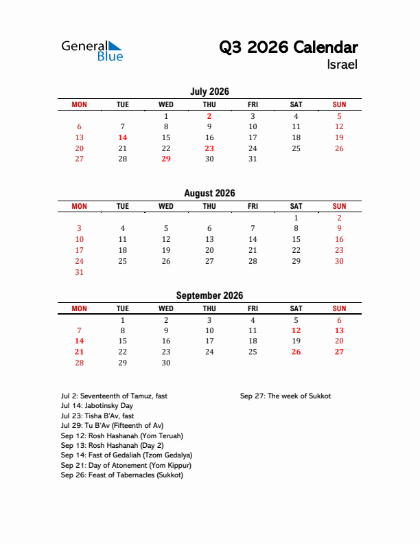 2026 Q3 Calendar with Holidays List for Israel