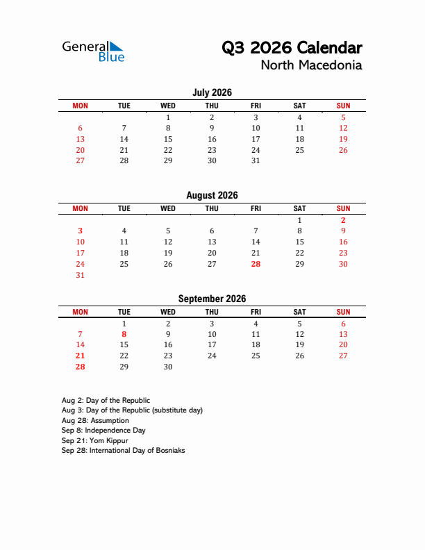 2026 Q3 Calendar with Holidays List for North Macedonia