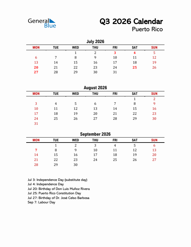 2026 Q3 Calendar with Holidays List for Puerto Rico