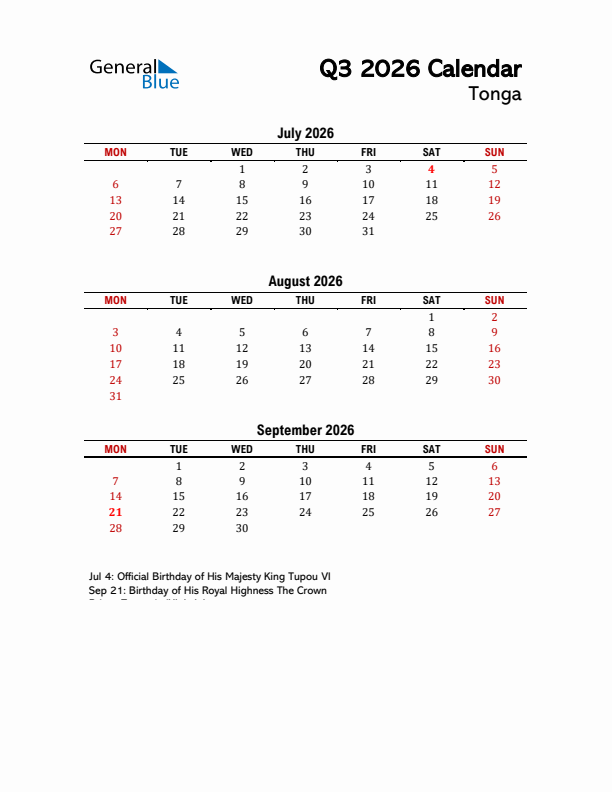 2026 Q3 Calendar with Holidays List for Tonga