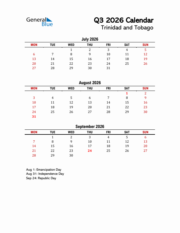 2026 Q3 Calendar with Holidays List for Trinidad and Tobago