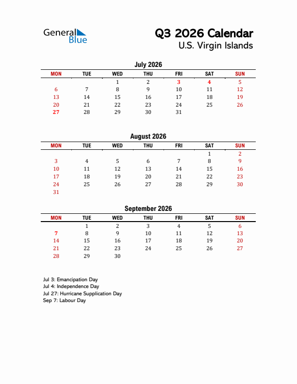 2026 Q3 Calendar with Holidays List for U.S. Virgin Islands