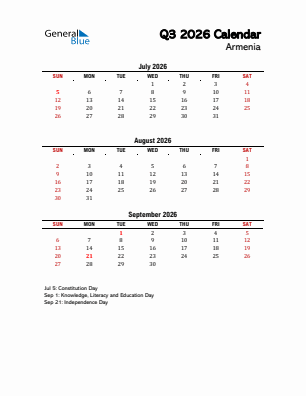 Armenia Quarter 3  2026 calendar template
