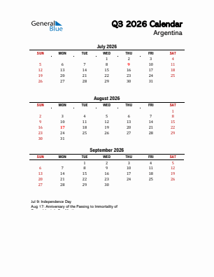 Argentina Quarter 3  2026 calendar template